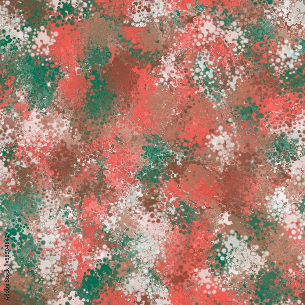 Red, green and white colored random spots, round splashes. Abstract seamless pattern