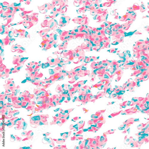 Multicolored random flying brush strokes. Veil or fish net imitation. Blue, pink, red and yellow colors on the white background. Seamless pattern