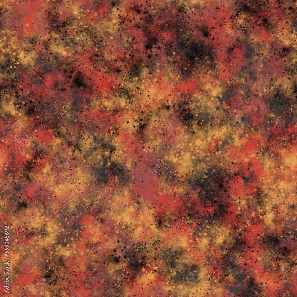 Abstract vibrant brush strokes, stars and galaxy imitation. Seamless pattern. Orange, black and red colors.