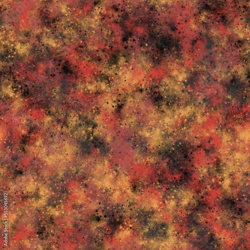 Abstract vibrant brush strokes, stars and galaxy imitation. Seamless pattern. Orange, black and red colors.