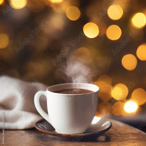 A cup of steaming hot chocolate on a wooden table, gold Christmas light in the background. With copyspace. Generative AI