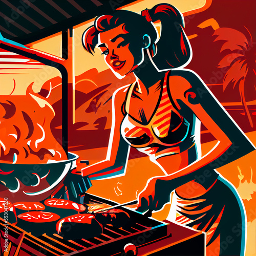 Barbecue, grill, cartoon, girl, illustration
