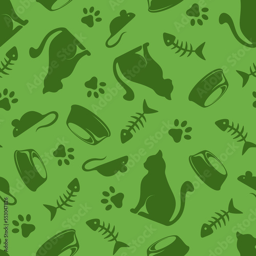Green seamless pattern with cats, paws, fish bones, mice, and bowls. Vector illustration