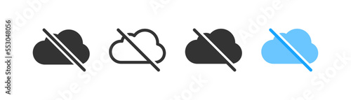 Crossed blue cloud outline icon. Disconnect concept. Lost connection symbol. Bad signal, error 404 signs. Flat design.