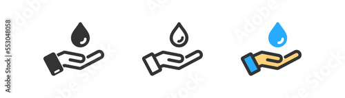 Hand holds waterdrop outline icon. Hygiene concept.  Antibacrterial, dermatologacal test symbol. Sanitizer, antiseptic sign. Flat design.