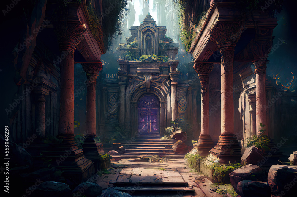 fantasy scene ancient ruins, game design inspiration. generative AI