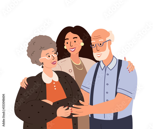 Portrait of happy family support and hug each other.Adult woman embracing mature parents or grandparents isolated on white background.Parents with child feeling love.Vector illustration in flat style.