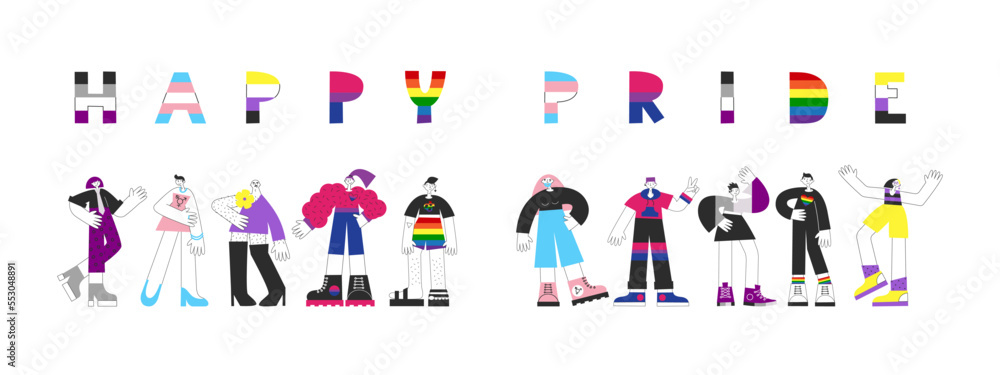 Happy pride flag quote card with people. Rainbow lgbt lettering. Gay lesbian bisexual non-binary transgender asexual equality, awareness, visibility, rights. Vector flat illustration. Happy pride flag quote card with people. Rainbow lgbt lettering. Gay lesbian bisexual non-binary transgender asexual equality, awareness, visibility, rights. Vector flat illustration.