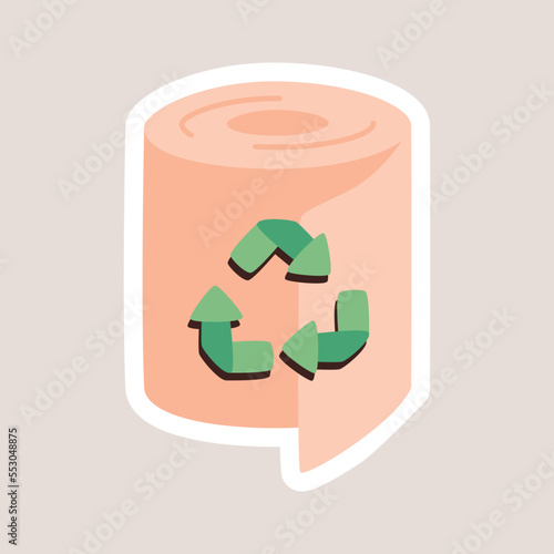 Vector isolated Cartoon Toilet Paper Sticker with Recycle sign.