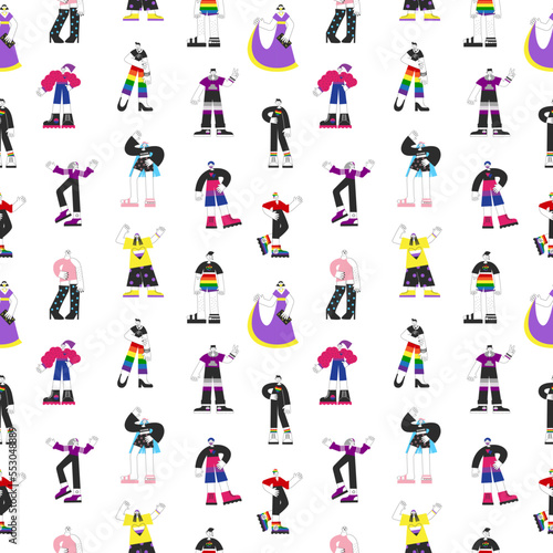 Pride LGBT people seamless pattern. Lesbian, gay, transgender, bisexual, non-binary, asexual person. Genderqueer and queer equality, awareness, visibility vector background with flag colors.