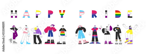Happy pride flag quote card with people. Rainbow lgbt lettering. Gay lesbian bisexual non-binary transgender asexual equality, awareness, visibility, rights. Vector flat illustration.
