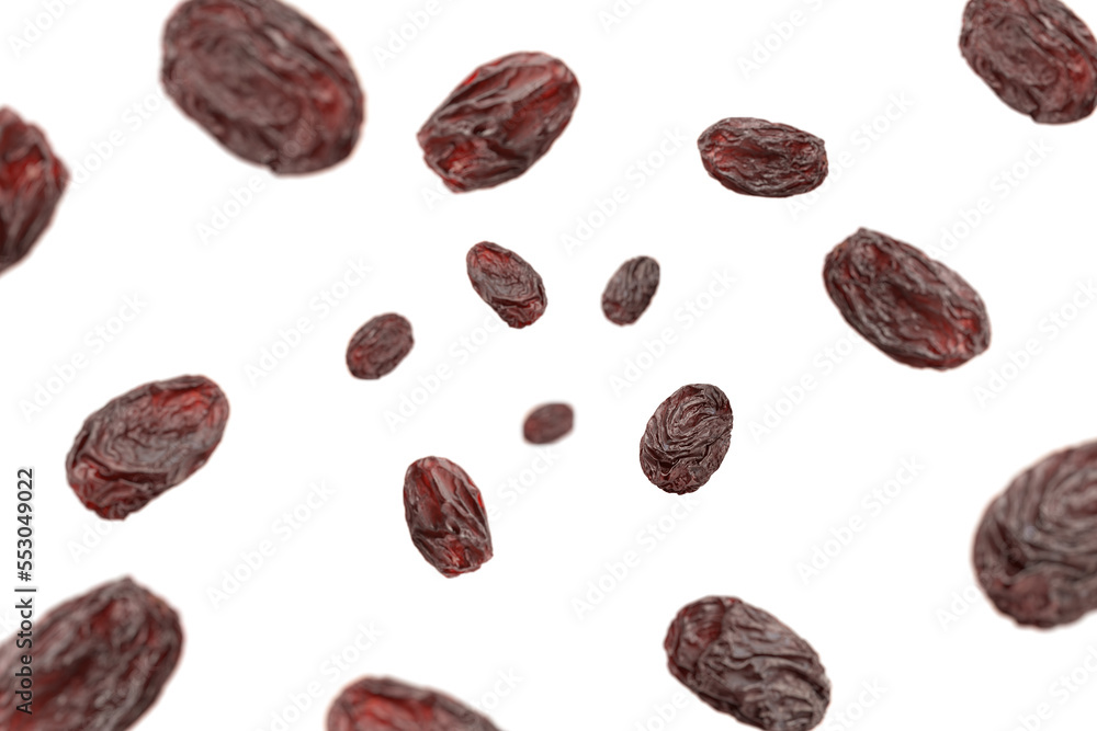 Falling Raisin isolated on white background, selective focus Falling Raisin isolated on white background, selective focus