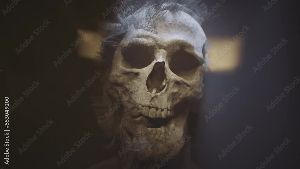 End o humanity. Zombie skull or an old human remains in a cellar, or a bunker lit by a flashing light. Photorealistic, cinematic 3D animation. End o humanity. Zombie skull or an old human remains in a cellar, or a bunker lit by a flashing light. Photorealistic, cinematic 3D animation.