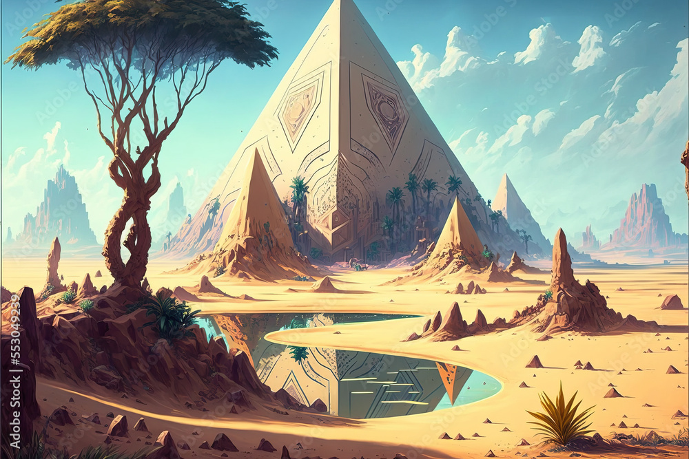Desert with the mysterious pyramids of ancient Egypt.  Fantasy desert oasis landscape. unique pyramids. illustration art. Digital painting. Generative AI. - obrazy, fototapety, plakaty 