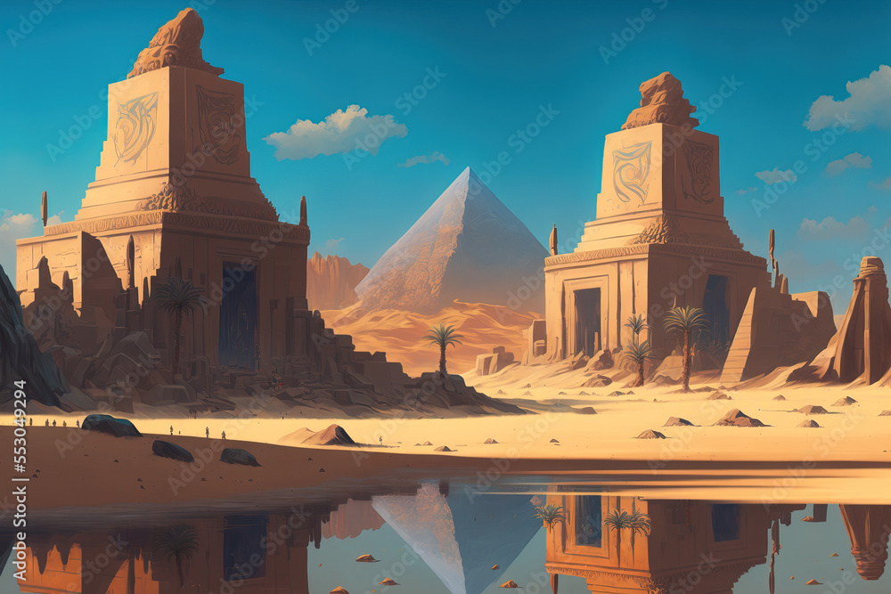 Desert with the mysterious Secret tombs of ancient Egypt. Ancient Egypt. Fantasy desert landscape. illustration art. Digital painting. Generative AI.