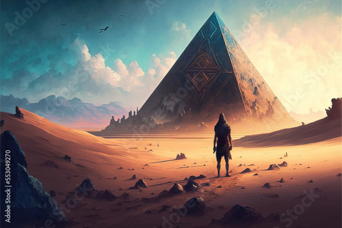 Desert with the mysterious pyramids of ancient Egypt.  Fantasy desert oasis landscape. unique pyramids. illustration art. Digital painting. Generative AI.