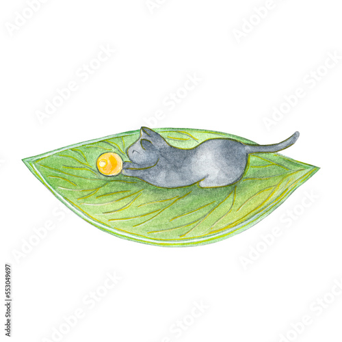 Fototapeta Naklejka Na Ścianę i Meble -  Stand for aroma sticks, candles in the shape of a green leaf and a kitten hugging a yellow ball. Interior decoration of the children's room, home design. Watercolor illustration on a white background