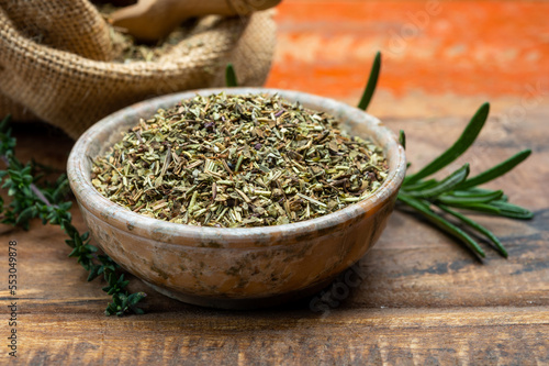 Herbes de Provence, mixture of dried herbs typical of the Provence region, blends often contain savory, marjoram, rosemary, thyme, oregano, lavender leaves, used with grilled foods and stew