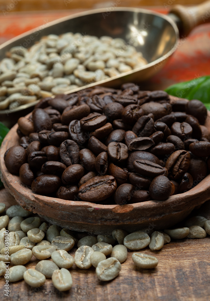 Fototapeta premium Green and roasted coffee beans from South America coffee producing region, from Colombia and Brazil with mountain ranges and climate ideal for coffee growing