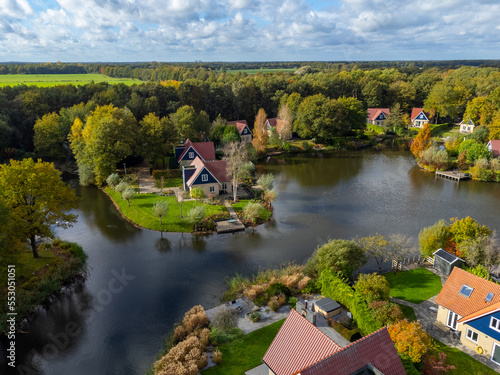 Dutch landscape, aerial view on houses and lakes in Drenthe province, Netherlands