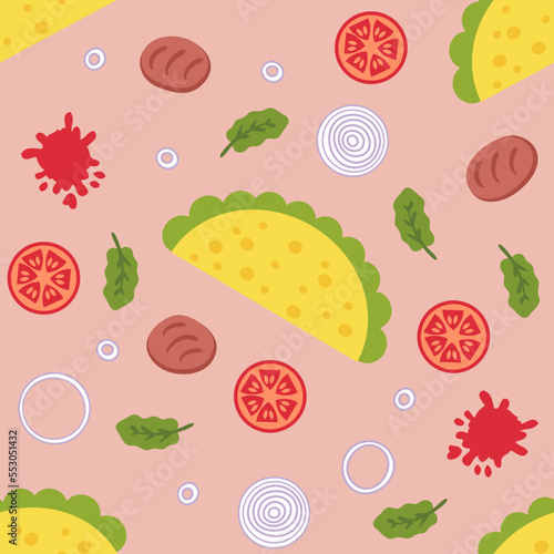Fototapeta Naklejka Na Ścianę i Meble -  Carne asada mexican fastfood taco seamless pattern. Perfect print for tee, paper, textile and fabric. Simple vector background for decor and design.