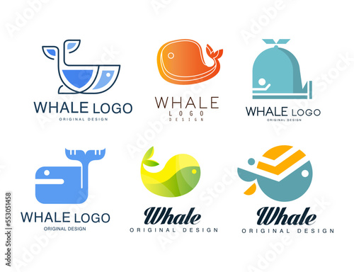 Whale Logo with Abstract Marine Animal Shape Vector Set