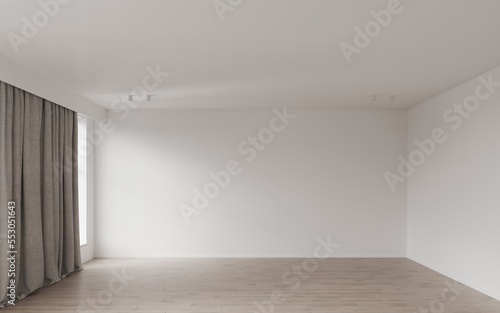 Empty room with wood parquet floor. 3D rendering illustration mock up. Thick curtain to the floor. Background for office, space, showroom, empty room