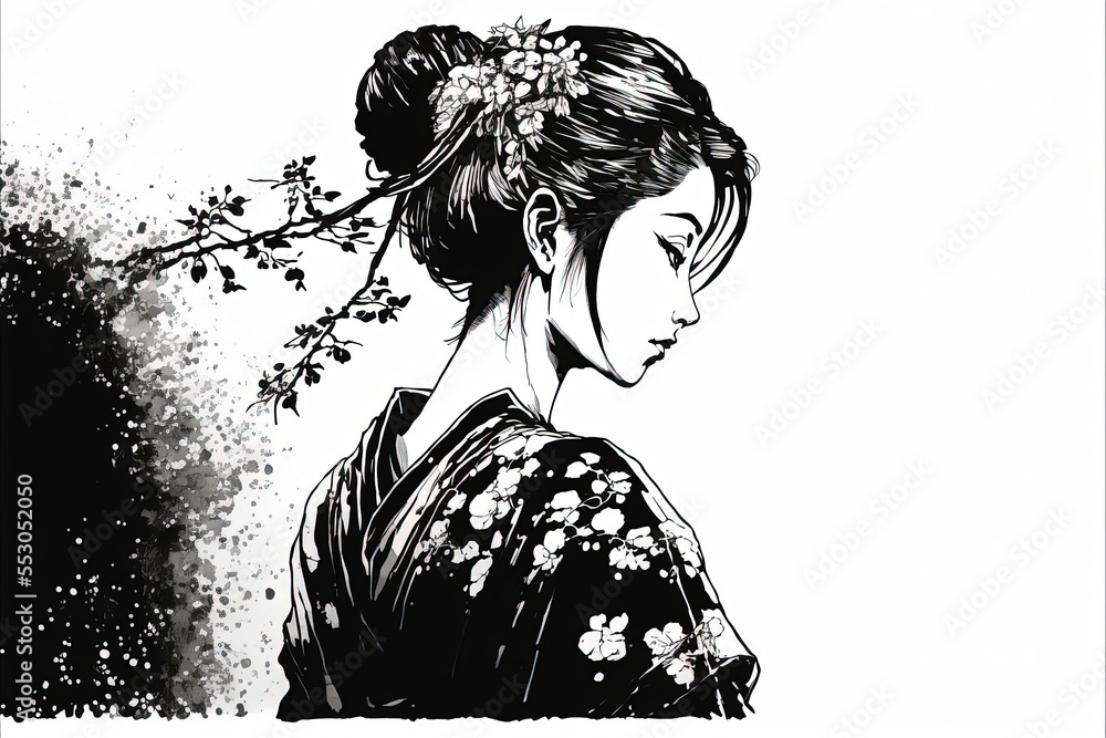 Traditional elegant Japanese geisha wearing a flower design kimono in a ...