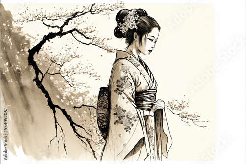Fototapeta Traditional elegant Japanese geisha wearing a flower design kimono in a simplistic, minimalist ink art illustration