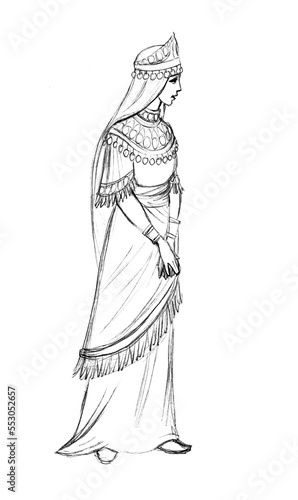 Pencil drawing. Oriental queen in elegant clothes photo