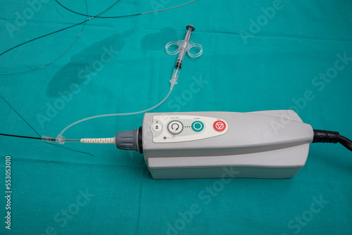 Optical coherence tomography (OCT). Purge catheter with contrast. Intravenous Administration of Contrast Agents for Enhanced CT or MR Scans. Heart catheterization instrument for heart surgery. photo