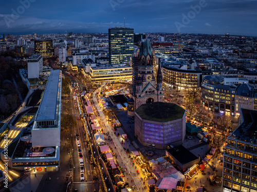 Photography Elevated, panoramic view of the illuminated Breitscheidplatz in Berlin, Germany,