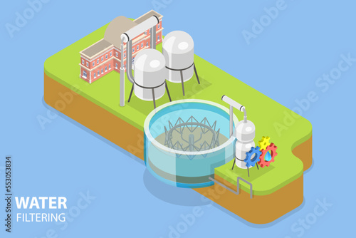 3D Isometric Flat Vector Conceptual Illustration of Water Filtering , Purification Plant Filtration Process