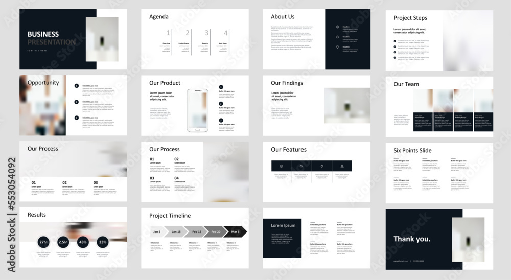 Clean, Minimalist Business and Pitch Presentation Template with Infographics: 16 PowerPoint Sized Slide Layouts with photos, columns, phone mockups, highlights, bullets, milestones, teams, and more - obrazy, fototapety, plakaty 