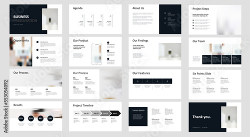 Clean, Minimalist Business and Pitch Presentation Template with Infographics: 16 PowerPoint Sized Slide Layouts with photos, columns, phone mockups, highlights, bullets, milestones, teams, and more