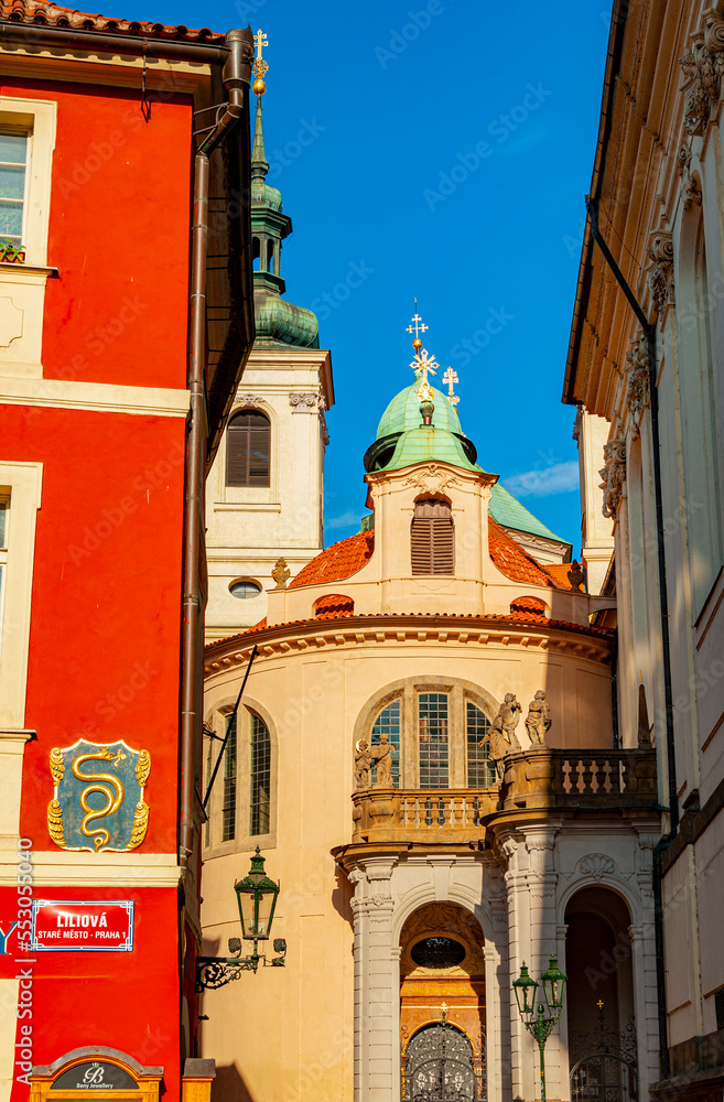 Prague, Czech Republic - May 13, 2018:  Beautiful medieval buildings in the historic Stare Mesto district.