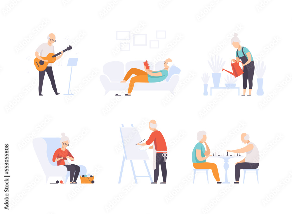 Senior Man and Woman Engaged in Different Activity on Retirement Vector Set