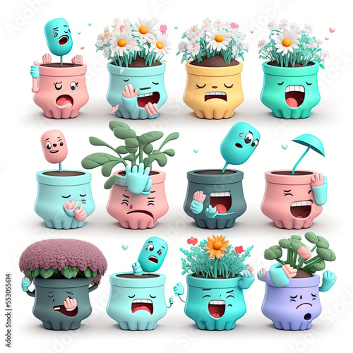 Illustration of an isolated colorful set of funny cute collection of flowers in pots with faces expressing emotions on white background photo