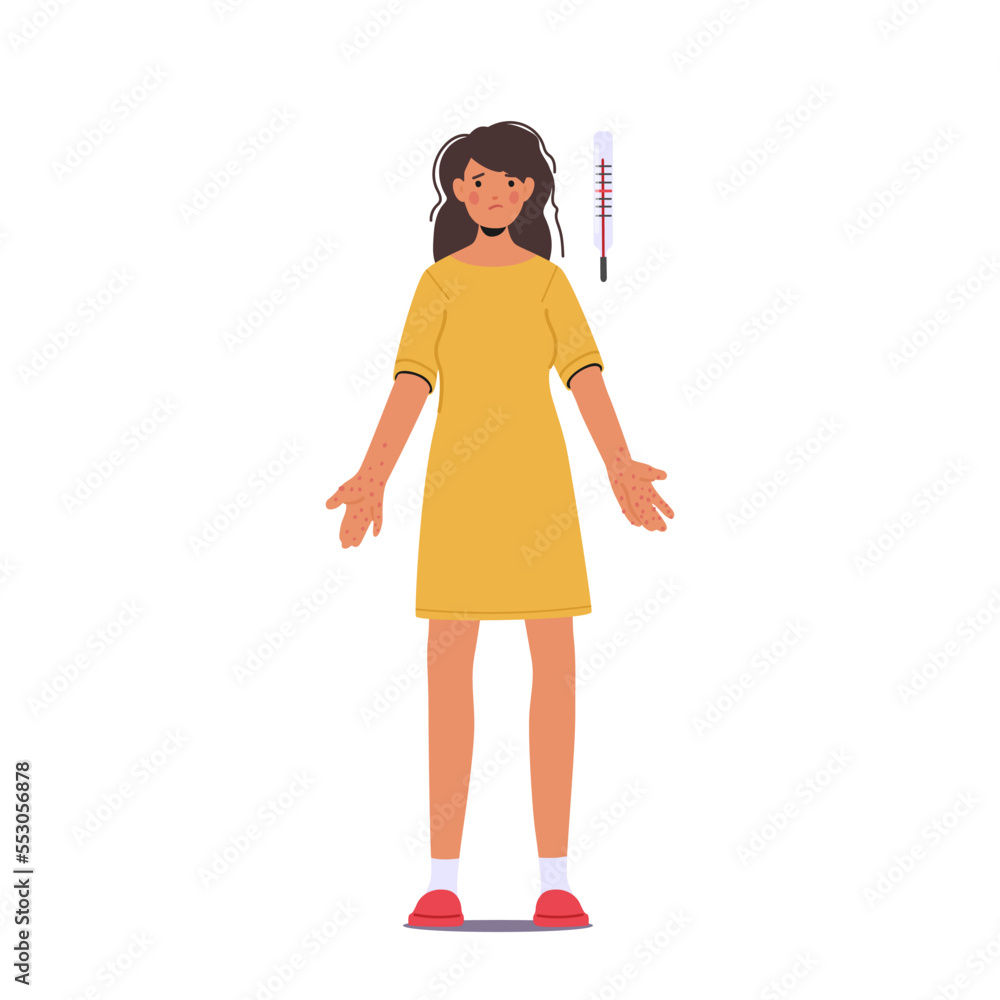 Female Character with Monkeypox Virus Infection Symptoms Fever and Rash. Unhappy Woman with Bleeding Pustules Female Character with Monkeypox Virus Infection Symptoms Fever and Rash. Unhappy Woman with Bleeding Pustules