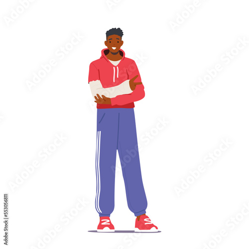 Cheerful Black Man with with Broken Arm in Gypsum Bandage Show Victory Gesture Isolated on White Background