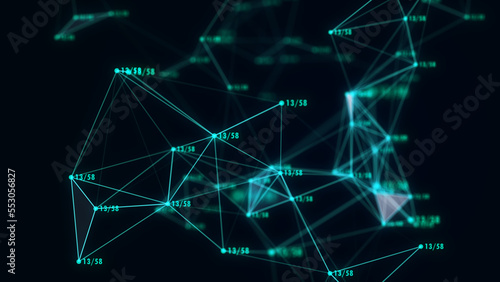 Network or Internet connection technology. Abstract background with hexagons, lines and numbers. Big data visualisation. 3D rendering.