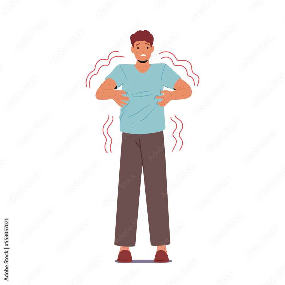 Male Character with Monkeypox Virus Infection Symptoms Isolated on White Background. Unhappy Man Scratching Body Male Character with Monkeypox Virus Infection Symptoms Isolated on White Background. Unhappy Man Scratching Body