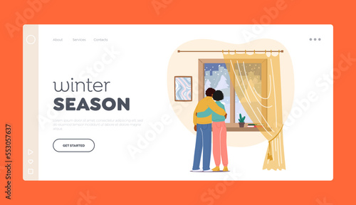 Winter Season Landing Page Template. Young Loving Couple Stand at Window Hugging and Look on Falling Snowflakes
