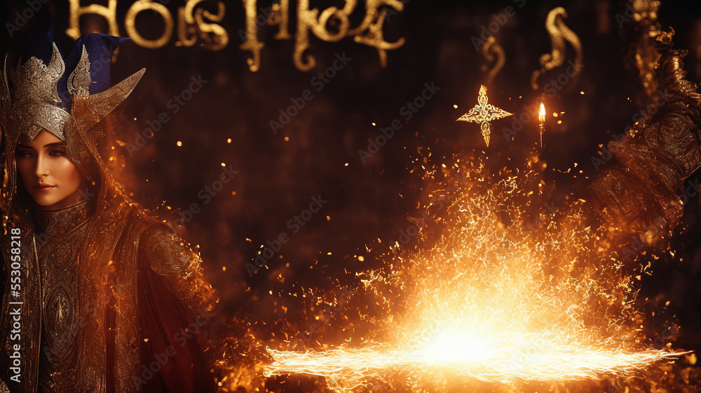 ancient magical female sorcerer in detailed gold costume with sparking flame and fire with some gol magician symbols, generative AI - obrazy, fototapety, plakaty 