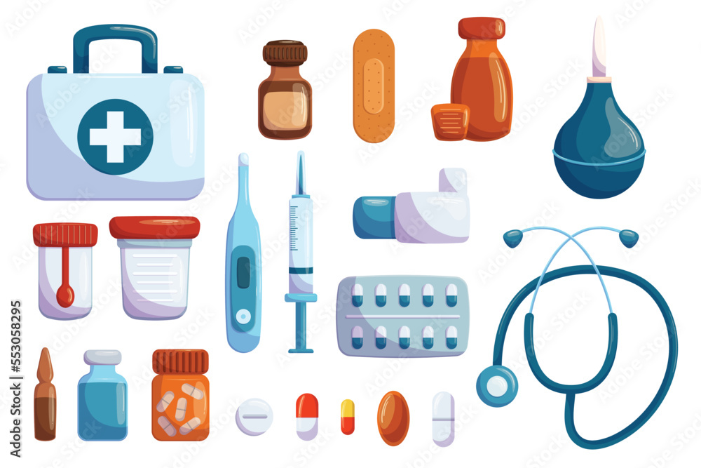 Set Medical Box, Bottle With Iodine, Plaster And Clyster. Container For Analysis, Stethoscope Or Medicine Pills Set Medical Box, Bottle With Iodine, Plaster And Clyster. Container For Analysis, Stethoscope Or Medicine Pills