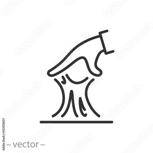 slime icon, sticky substance in hand, reaching mucus, thin line symbol on white background - editable stroke vector illustration