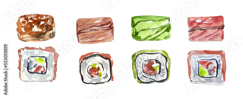 Sushi roll watercolor illustration asian japanese food lunch menu
