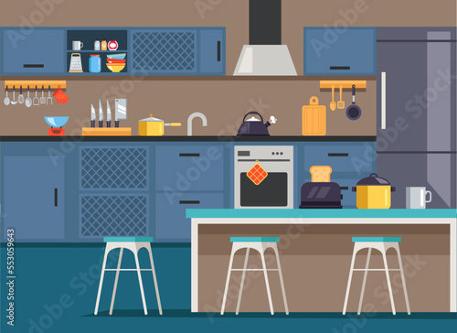 Kitchen home house room interior table cooking furniture. Vector flat graphic design element concept illustration