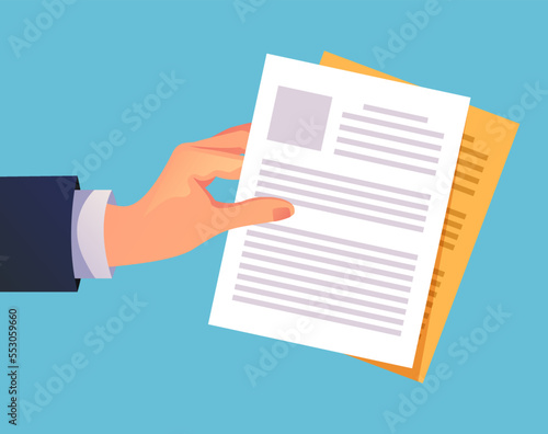 Businessman hand hold document paper agreement sheet report. Vector flat graphic design element concept illustration photo
