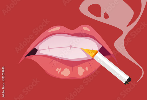 Cigarette in mouth woman lips smoke people.  Vector flat graphic design element concept illustration